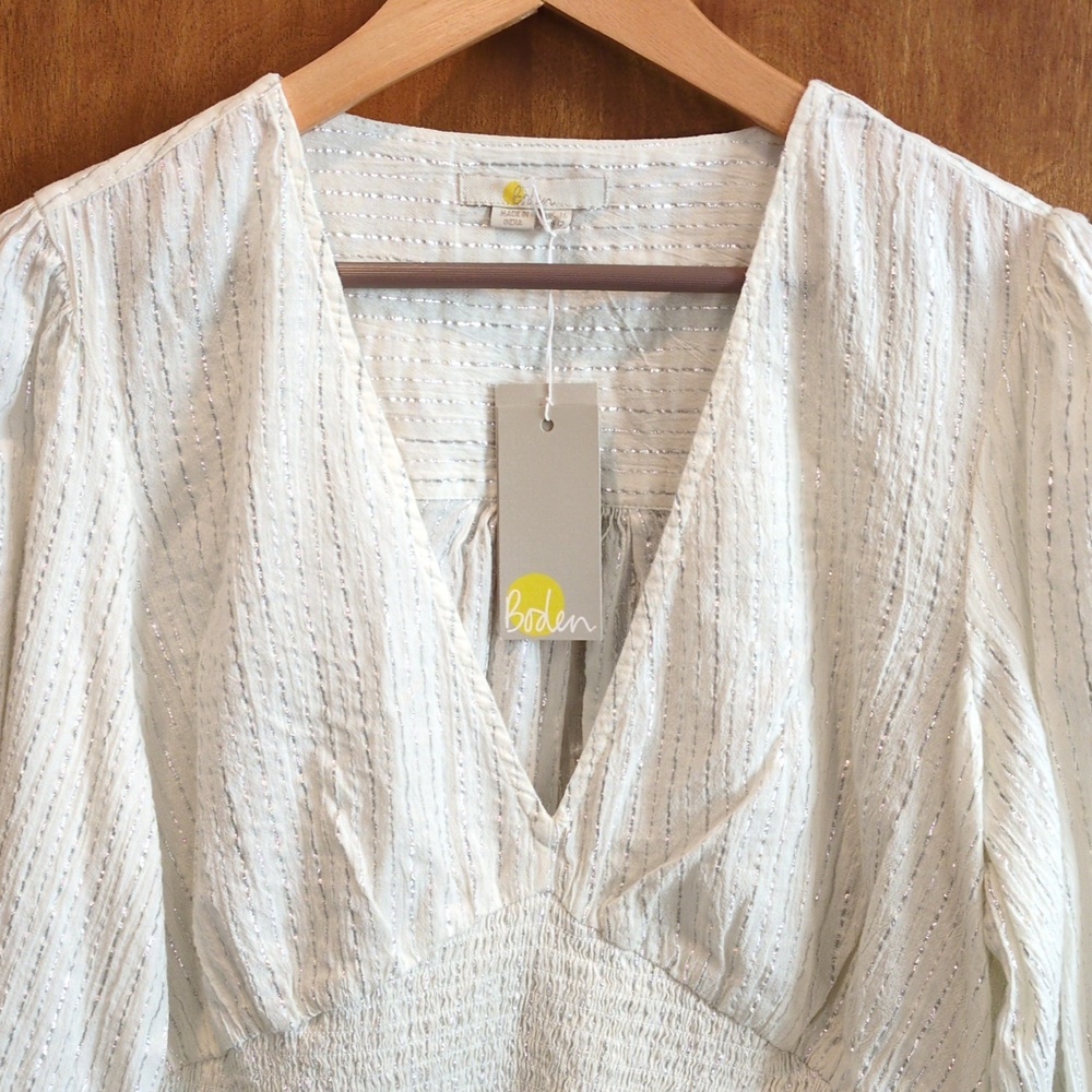 Boden Lurex Smocked Crop Top In Ivory Size 12 - Picture 3 of 10